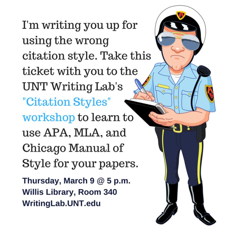 UNTWritingCtr's tweet photo. Learn about #APA, #MLA, & #ChicagoManualOfStyle at our Citations Styles workshop on 3-9 @ 5 p.m. #UNTWritingLab https://t.co/3KvmRgXgzr