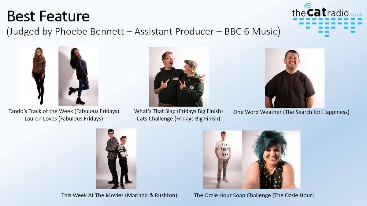 TheCatRadioUK's tweet photo. Best Feature, judged by @BBC6Music's Assistant Producer @phoebebennett! Here are your nominees.... #CatAwards2017 https://t.co/L4d2XosYC4