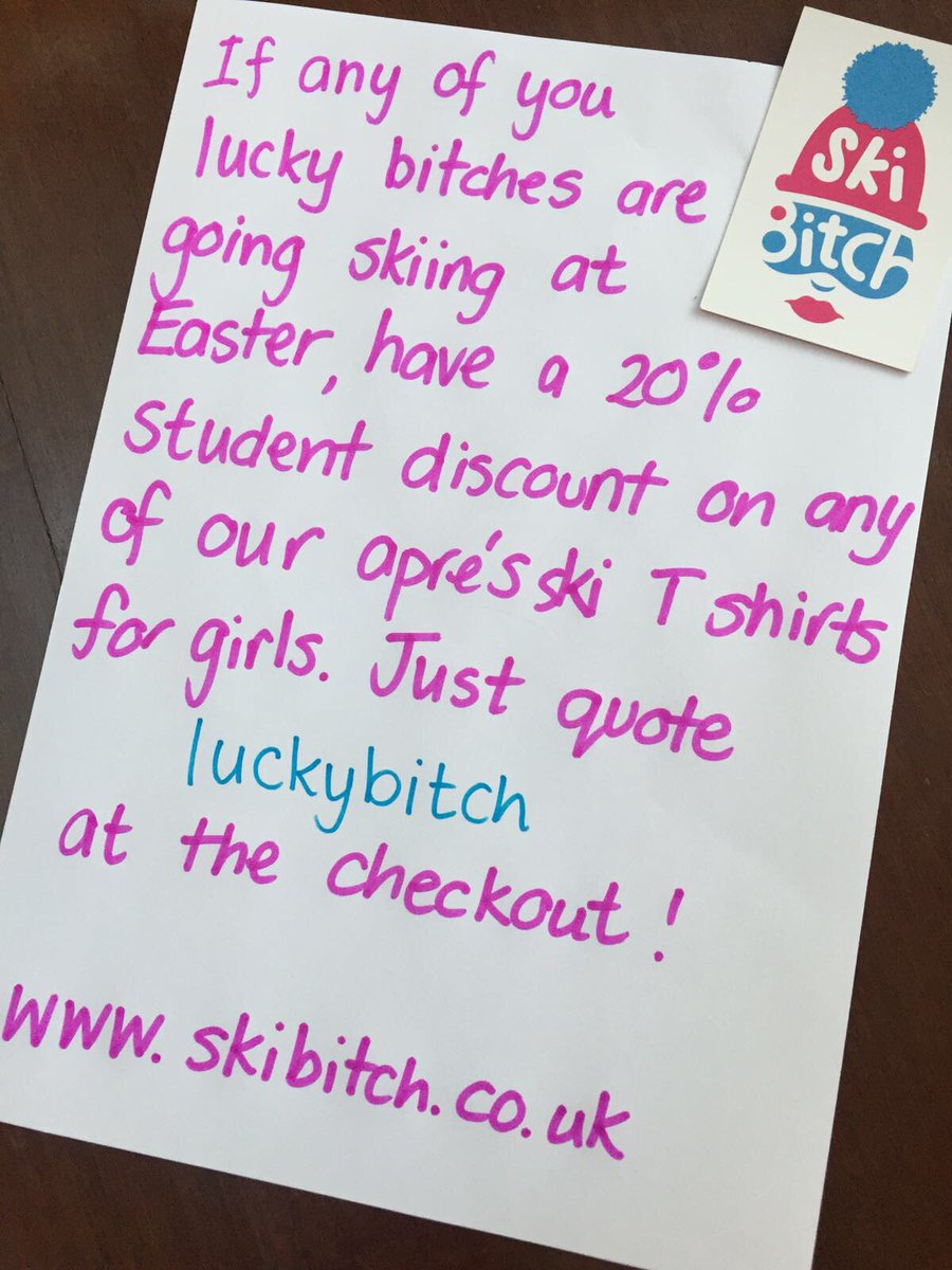 SkiBitchParty's tweet photo. @shusnow @SKUM @MMUFS  skiing at Easter?? 20% Student discount on girls Apres ski T' quote luckybitch at checkout. https://t.co/B3YxqCdEiH https://t.co/dYvjqSMaee