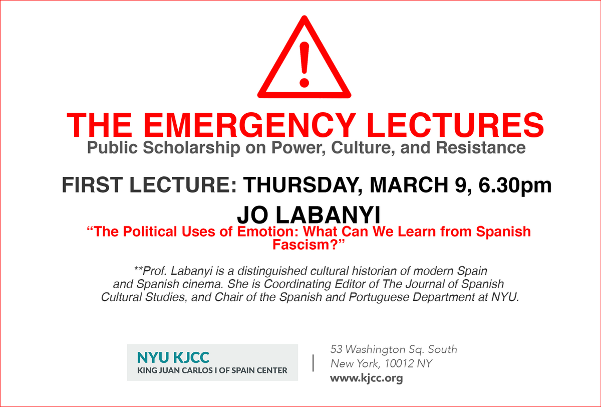 Everyone is invited to join us at the inauguration of our #EmergencyLectures w/ @JoLabanyi, Chair at <a href="/NYUSpanPort/">NYUSpanishPortuguese</a>