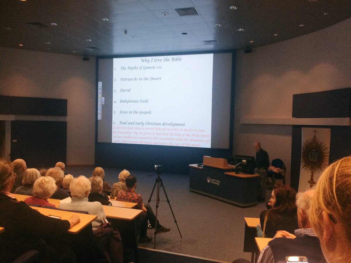 LtuCathsoc's tweet photo. So many people for Fr Henry Wansbrough's lecture - we've had to move into the Auditorium! https://t.co/oP5sxXyGrw