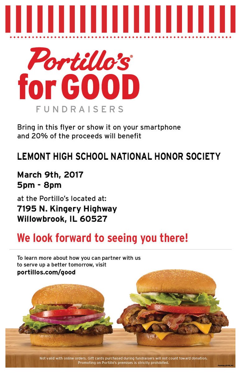 Lemont HS NHS (@lemonthsnhs) on Twitter photo Make your Thursday night dinner plans with us at the <a href="/portilloshotdog/">Portillo's</a> on Kingery, and our chapter will generously receive 20% of your bill! Make your Thursday night dinner plans with us at the <a href="/portilloshotdog/">Portillo's</a> on Kingery, and our chapter will generously receive 20% of your bill!