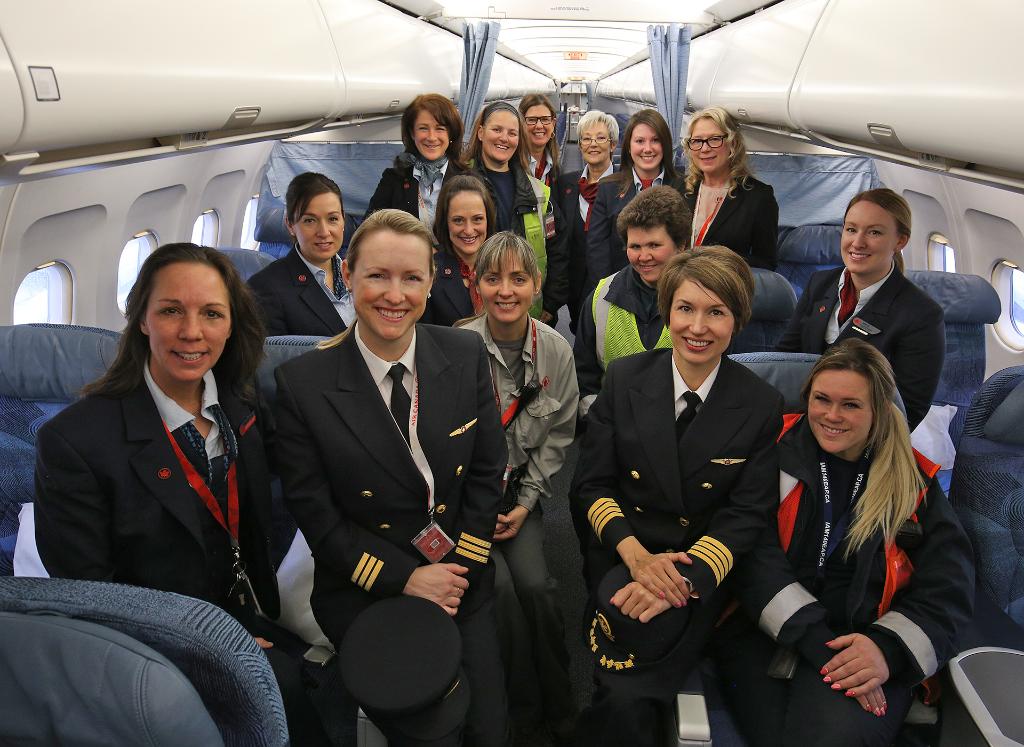 AirCanada's tweet photo. Canada celebration! #Montreal-#Calgary flight for #IWD2017 w/ all-female pilots, flight attendants &amp; ground crews. @aeroportsMTL @FlyYYC https://t.co/5yFYymyy5t