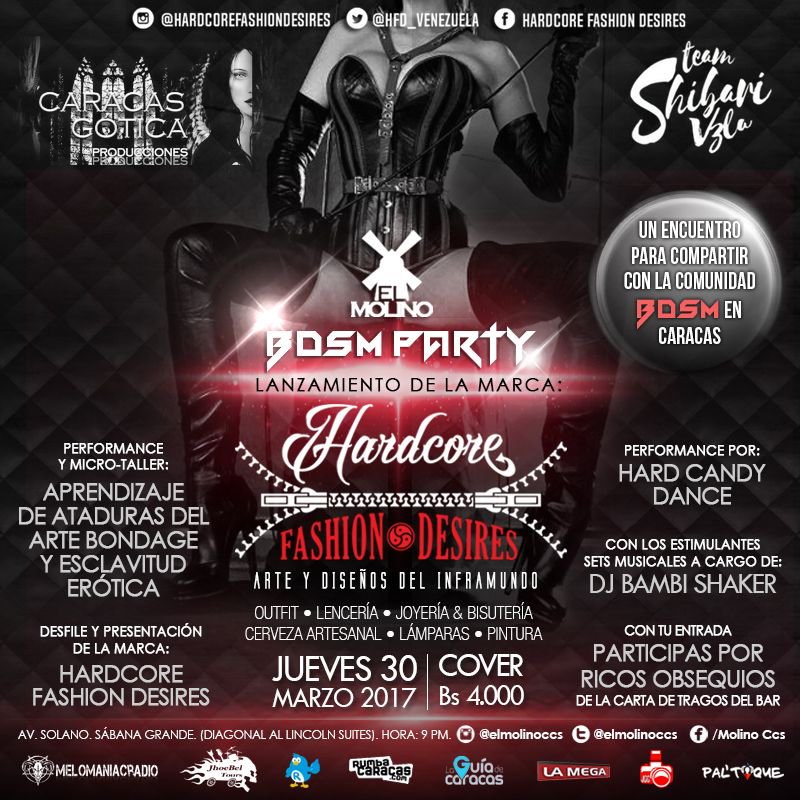 ElMolinoCcs's tweet photo. El jueves #30marzo llega la #BDSM_PARTY con el lanzamiento de marca de @HFD_Venezuela #ArteYDiseñosDelInframundo ☠🖤👠 Erotismo, Sexo, Bondage https://t.co/f1t5qDO1Zf
