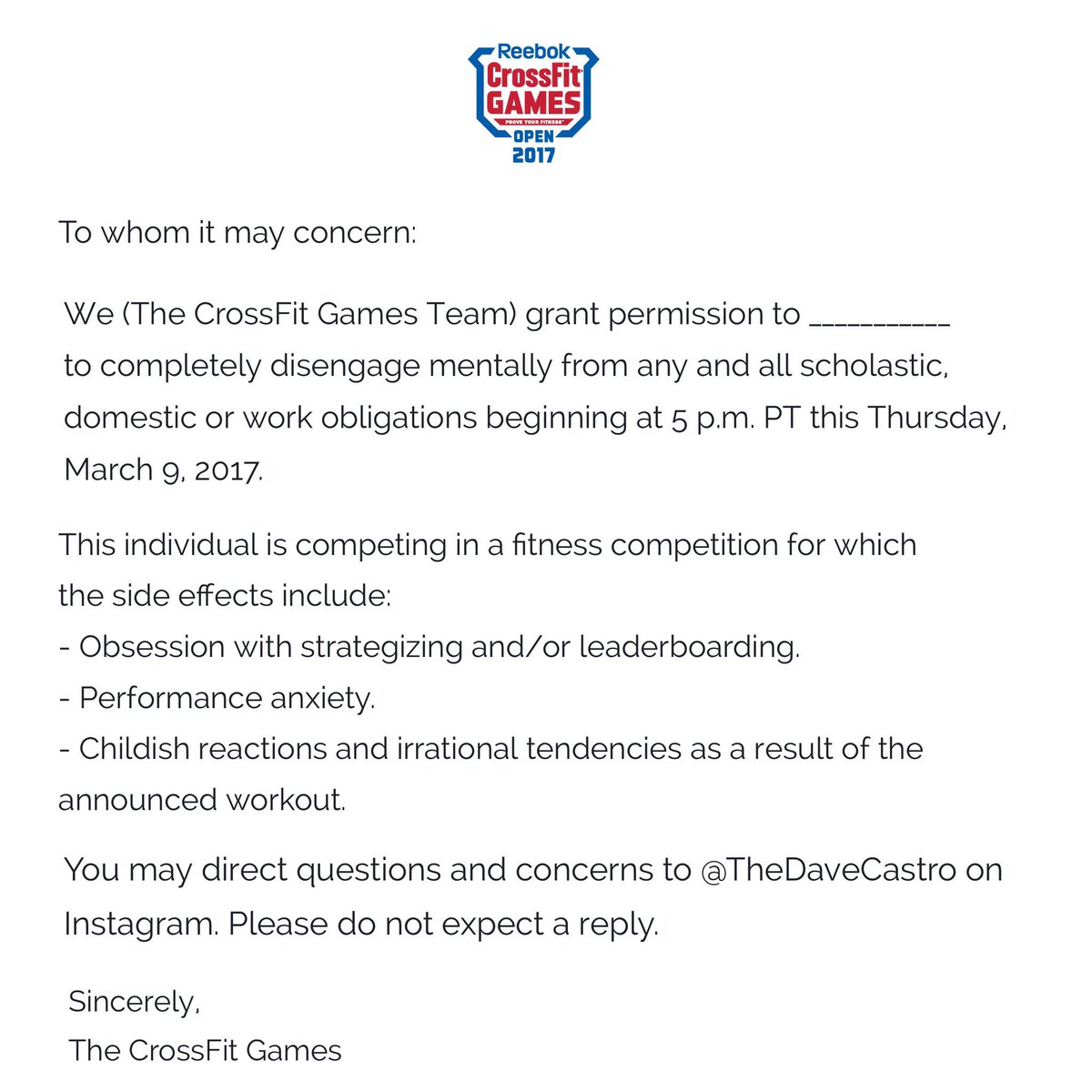CrossFitGames's tweet photo. Let us help you clear your schedule for the rest of the week. 

See you tomorrow at 5 p.m. PT. #17point3 https://t.co/x8VjI0VS3L