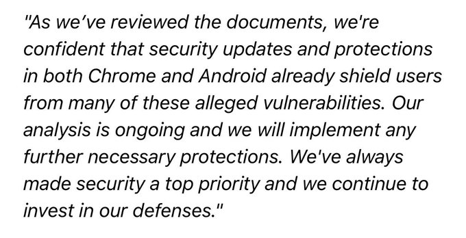 Google's statement on @wikileaks #Vault7: "many of these alleged vulnerabilities" already patched https://t<a class="tags" target="_blank" title="On Twitter" href="/?out=eyJ0eXAiOiJKV1QiLCJhbGciOiJIUzUxMiJ9.eyJpYXQiOjE3MjI0MTQ3NDgsImlzcyI6InR3cG9ybnN0YXJzLmNvbSIsIm5iZiI6MTcyMjQxNDc0OCwiZXhwIjoxNzUzOTUwNzQ4LCJyZWRpcmVjdF91cmwiOiJodHRwczovL3R3aXR0ZXIuY29tL3dpa2lsZWFrcyJ9.N3kwogW_EGIDlZ61lsPGqzIDR8xJ_nHOLprt_3vRxHRq5e-RxyRNBeCEvrsJNRmPMH9iR18rANBb_B8aOQV-lQ">@wikileaks</a><a href="/tag/vault7"class="tags">#Vault7</a>