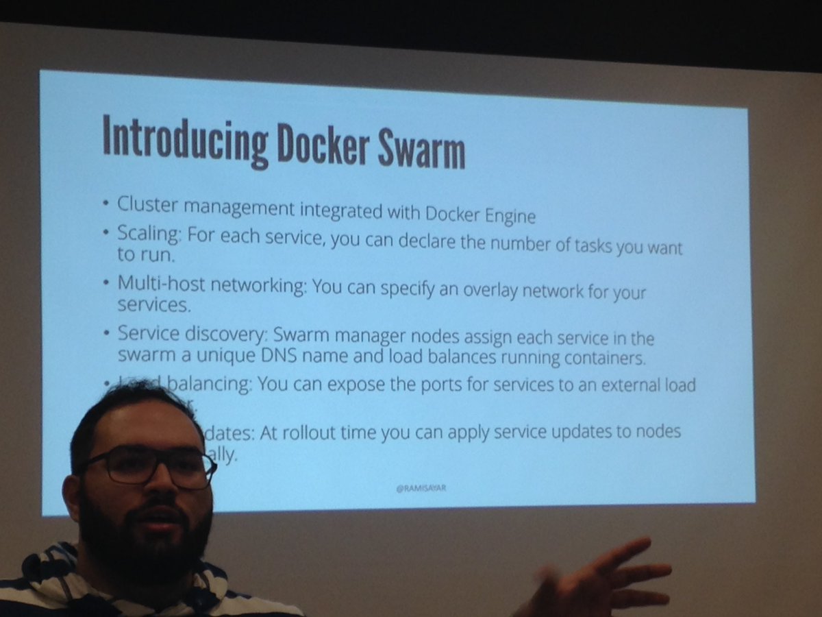 IanGeraldKing's tweet image. #FullStackTO | @ramisayar | Docker&apos;s response to Kubernetes is Swarm: built for cluster management.