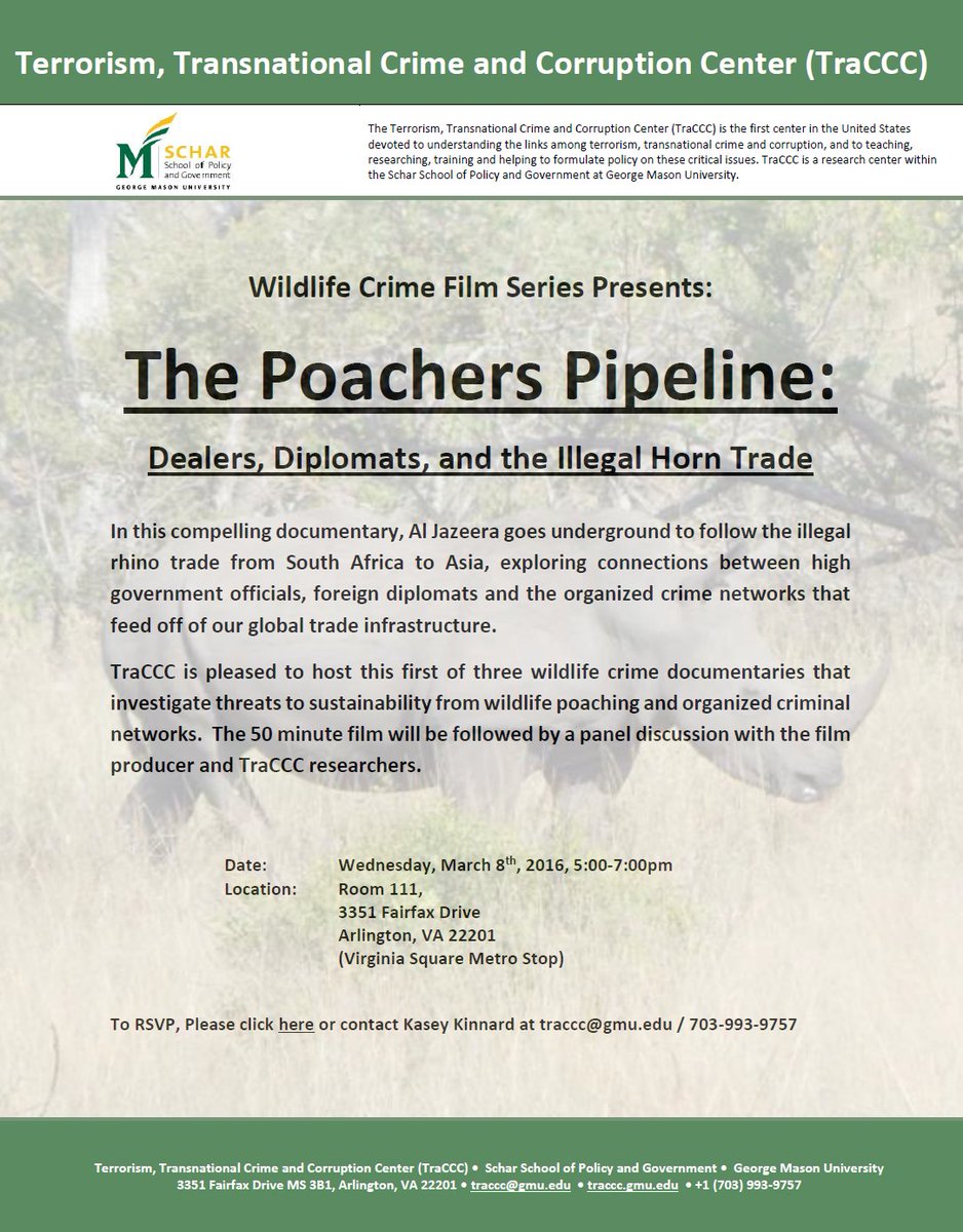 TraCCCatGMU's tweet photo. There is still time to join us at 5pm in Arlington for screening of the Poachers Pipeline with Q&amp;A with producers. https://t.co/k49RvFYDin