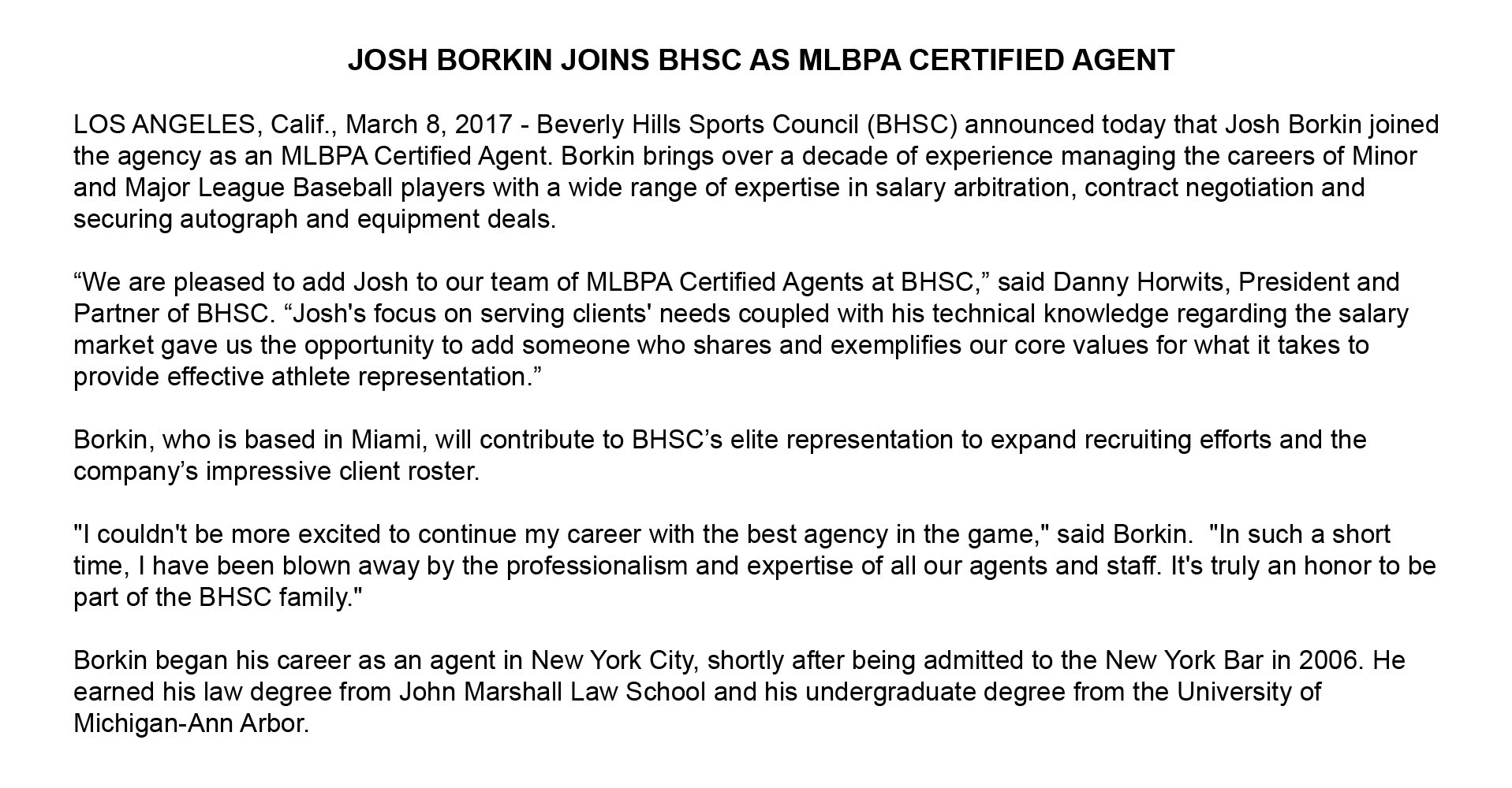 Beverly Hills Sports Council on Twitter: "We are pleased to announce that  we have added Josh Borkin to our team of agents. Read the full press  release here: https://t.co/naPfOKiy6y https://t.co/m5ZwqH5bnL" / Twitter