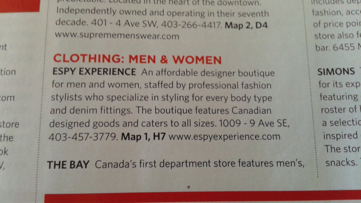 FioreCanada's tweet photo. Browsed a local #YYC magazine and saw Espy Experience boutique listed there for tourist shopping. Wow! @espystylists @espyexperience https://t.co/rEtB31taZ6
