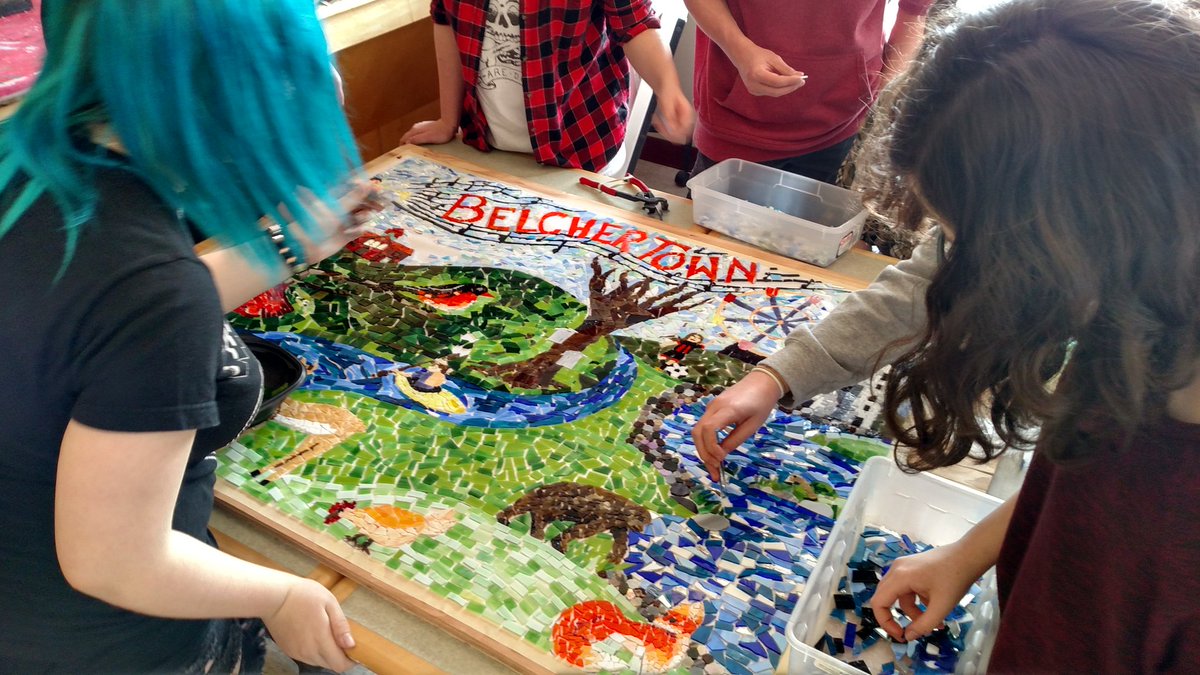 BtownHS142's tweet photo. Up close with the artists and their mosaic mural. #ArtisticOrioles #AmazingArtwork #StarsGrant #MassachusettsCulturalCouncil https://t.co/6TwsgtnqEk