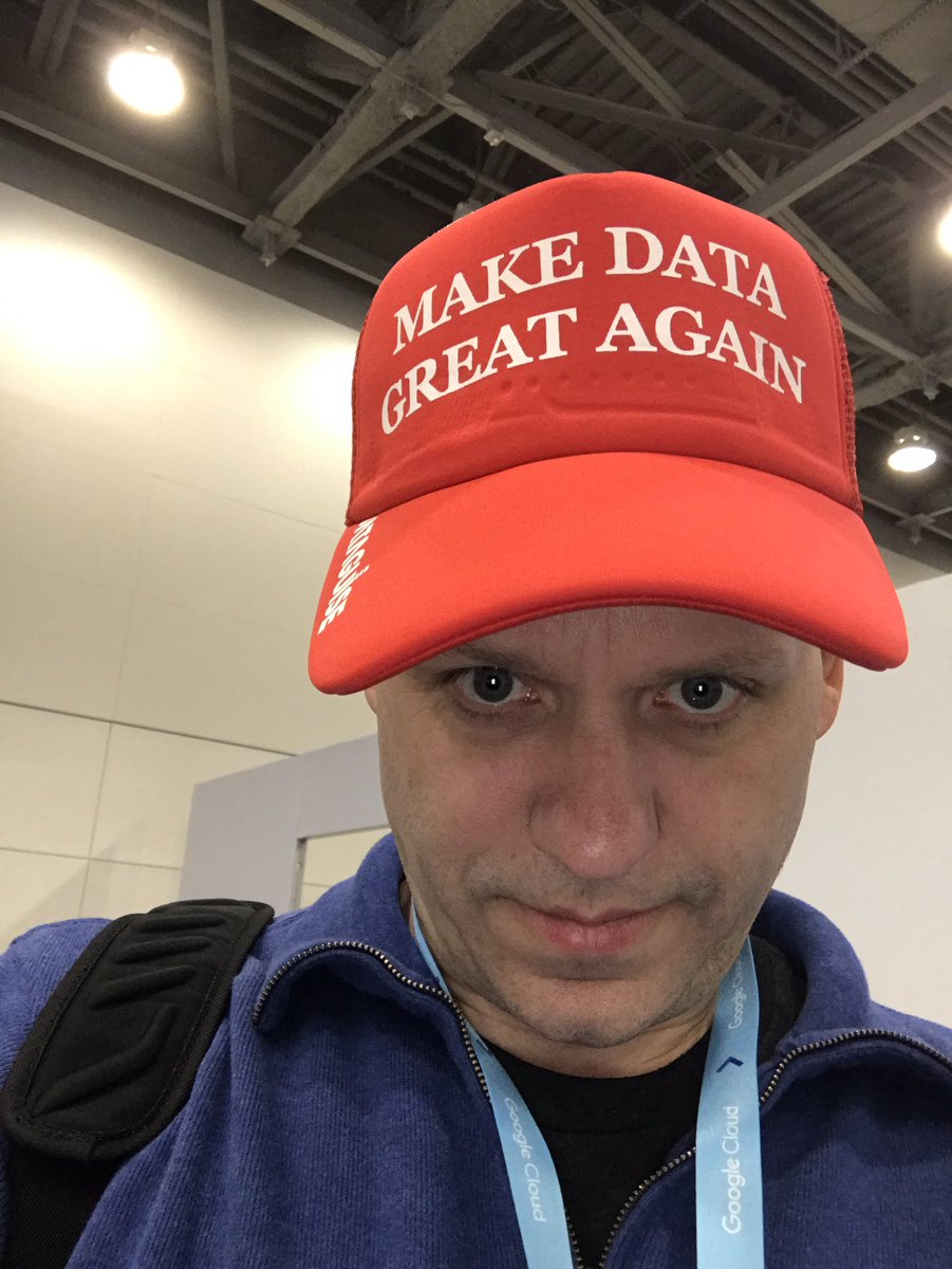 RickHigh's tweet photo. At Google Cloud Next... Closest I get to wearing MAGA hat in SF. It is a double take hat. #moscone #makedatagreatagain #dataguise https://t.co/FY0nW3ES6c