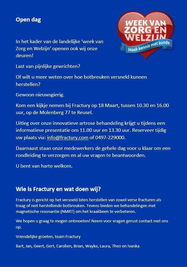 FracturyHolland's tweet photo. Een kijkje nemen achter de schermen tijdens @WeekZorgWelzijn? Zaterdag 18 maart ben je welkom bij @FracturyHolland. #artrose #botbreuk https://t.co/1q79WP2ehl