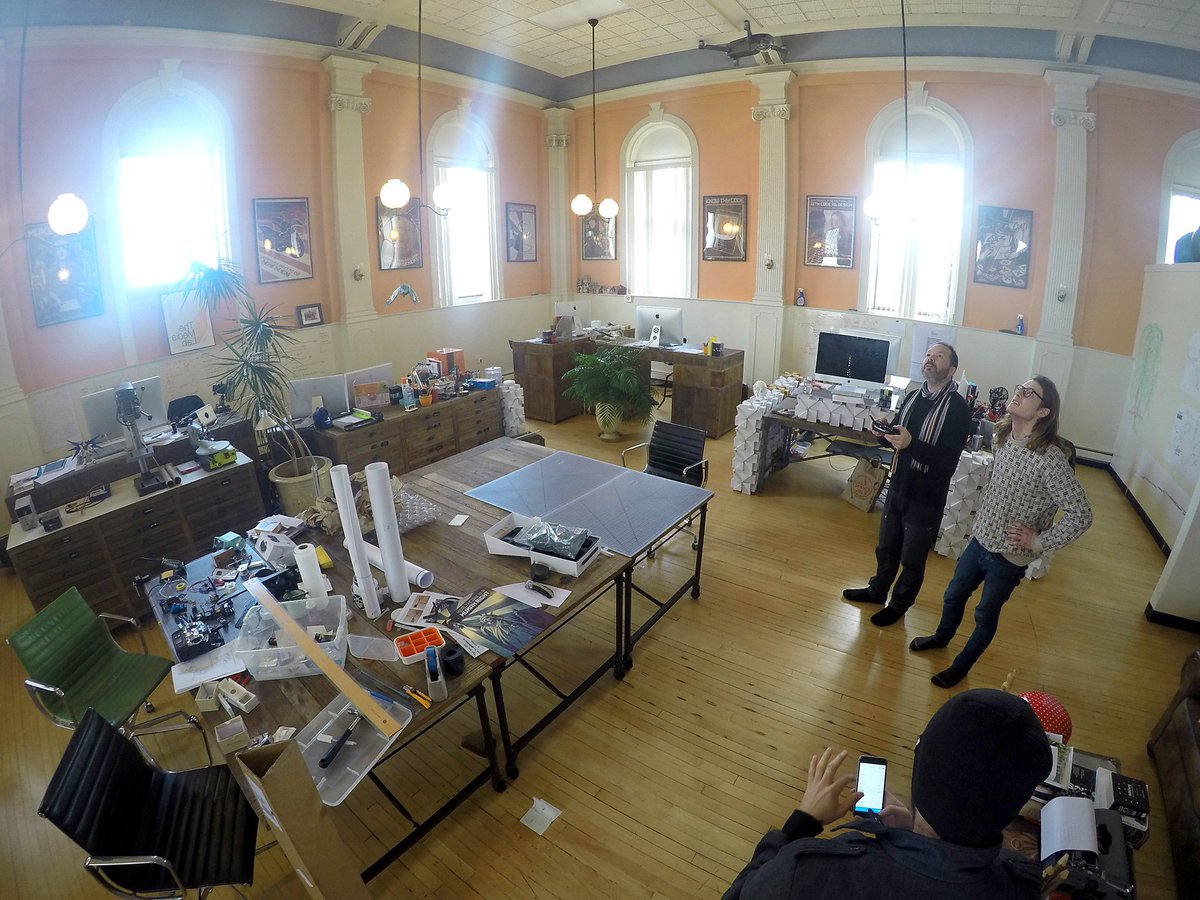 jsonin's tweet photo. #flythings time. The Mavic Pro is a breeze to zip around the studio (yes indoors). Just wind-blasted @beth11herlin's desk. #sortaoops https://t.co/EIRe1ZLJc3