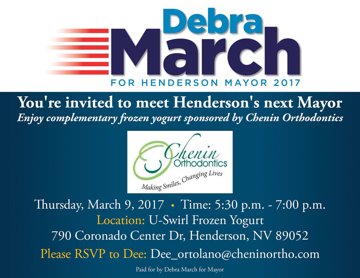debra_march's tweet photo. You're invited to meet Henderson's next Mayor while you enjoy complementary frozen yogurt by Chenin Orthodontics!
#MarchForMayor https://t.co/wyQDKzle6D