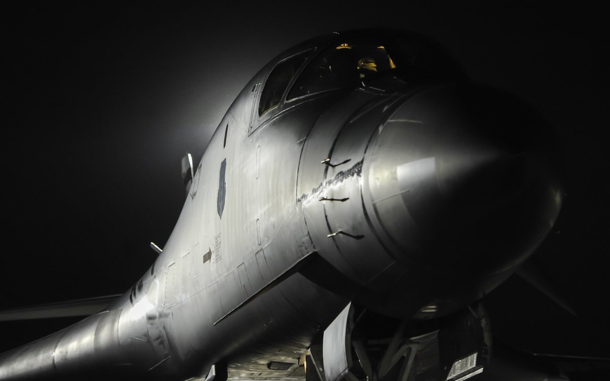 A B-1B rests on the flightline as pilots perform preflight checks during #RedFlag 17-1 #AircraftPhoto