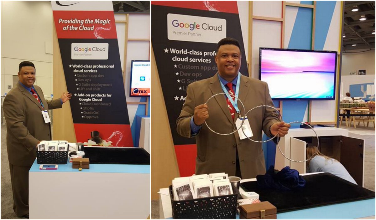 It's showtime @ #GoogleNext17! Stop by booth B14 and experience our magic show featuring the renowned magician, Kevin Bethea.