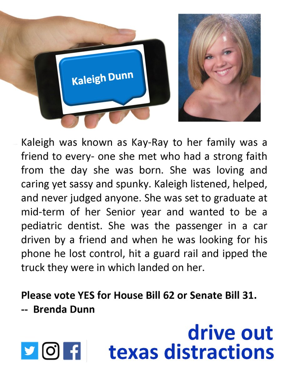 txdistractions's tweet photo. We need a law so Kaleigh Dunn didn't have to tell her driver to respect her life and ignore their phone. #txlege #txhb62 #txsb31 #voteYES https://t.co/9mH2DWYfB3