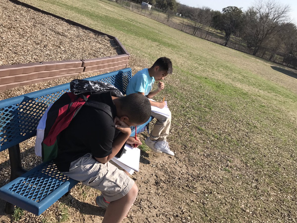 Working on our books for Creative Writing Club outside today to enjoy this amazing weather! #7HillsWRITES #7HillsLEADS <a href="/7HillsNISD/">7Hills Elementary</a>