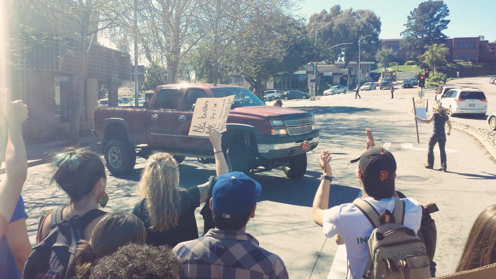 Indybay's tweet photo. And ... the racist pos finally reversed his big ass truck. Another small win for the people... #internationalwomensday #genderstrike https://t.co/3PSiL5X0SX