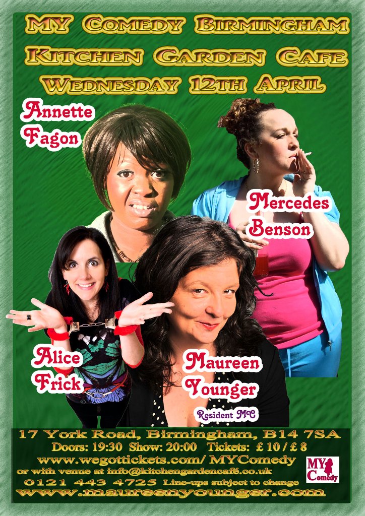 Next show 12 April with <a href="/maureenyounger/">Maureen Younger ❤️❤️❤️ Defend the NHS</a> <a href="/annettefagon/">annette fagon comedy</a> <a href="/MercedesBenson/">Mercedes Benson</a> <a href="/frick_alice/">Alice Frick</a> <a href="/KitchenGarden3/">Kitchen Garden Cafe</a>