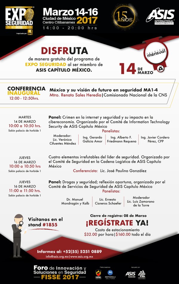 asismexico217's tweet photo. Disfruta del Foro de Innovación y Soluciones en Seguridad ser miembro de ASIS Capítulo México. ¡Visítanos en el stand #1855! https://t.co/n3MzZxZA7a