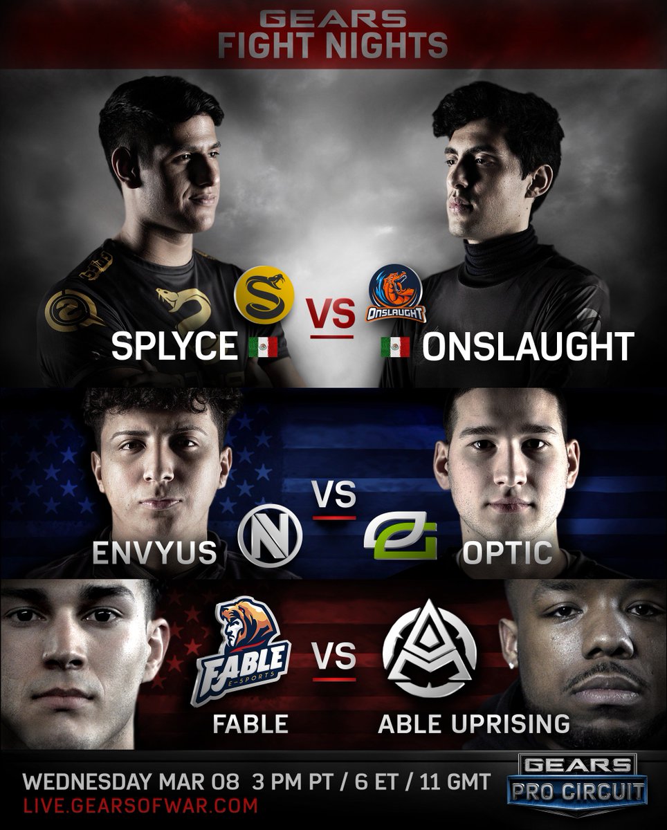 GearsEsports's tweet photo. LIVE NOW: Gears Fight Night, with Fable vs Able Uprising, Splyce vs Onslaught, &amp; OpTic Gaming vs Team EnVyUs! WATCH: https://t.co/6Rp7mmxTzQ https://t.co/8amjdkRQyQ