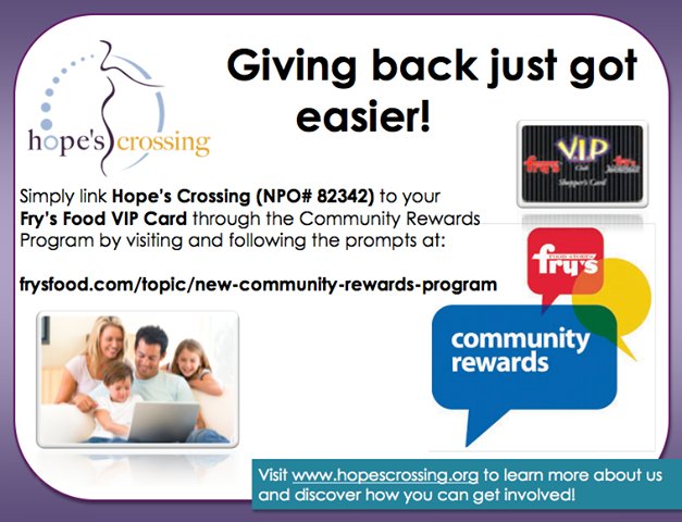 CreateHope's tweet photo. Let your shopping at Fry's Food donate to Hope's Crossing and #RestoreHope. https://t.co/Jlo6sgQCiX #LCBInspires https://t.co/s68mkOSNrH