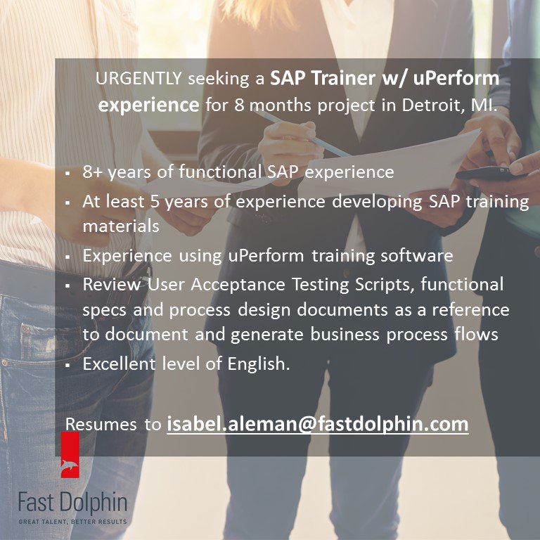 fastdolphin's tweet image. #SAPTrainer #uPerfrom for a 8 months project in Detroit, MI. English required #ITJob #IT Apply: ia@fastdolphin.com