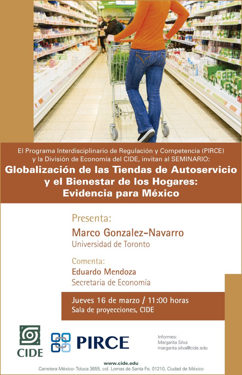 Marco Gonzalez: Tiendas de autoservicio y bienestar de los hogares en México <a href="/PirceCide/">PirceCide</a> <a href="/cofecemx/">Cofece</a> <a href="/ANTADMx/">ANTAD</a> <a href="/SE_mx/">Economía México</a> 16 Marzo 11am <a href="/CIDE_MX/">CIDE</a>