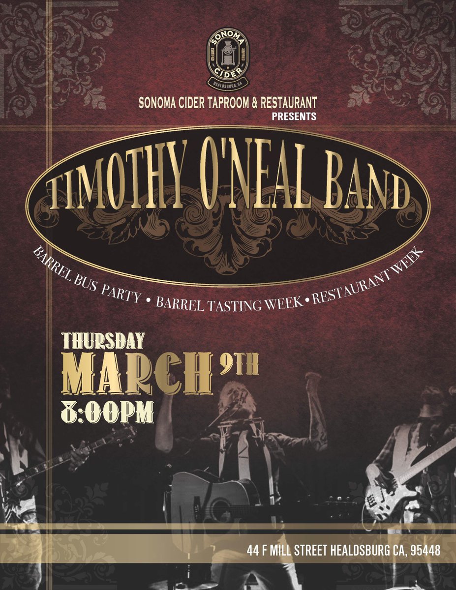 Come see TOB rock the <a href="/SonomaCider/">Sonoma Cider</a> tasting room tomorrow night! Healdsburg @ 8:00. #TOB #Timothyoneilband #sonomacider
