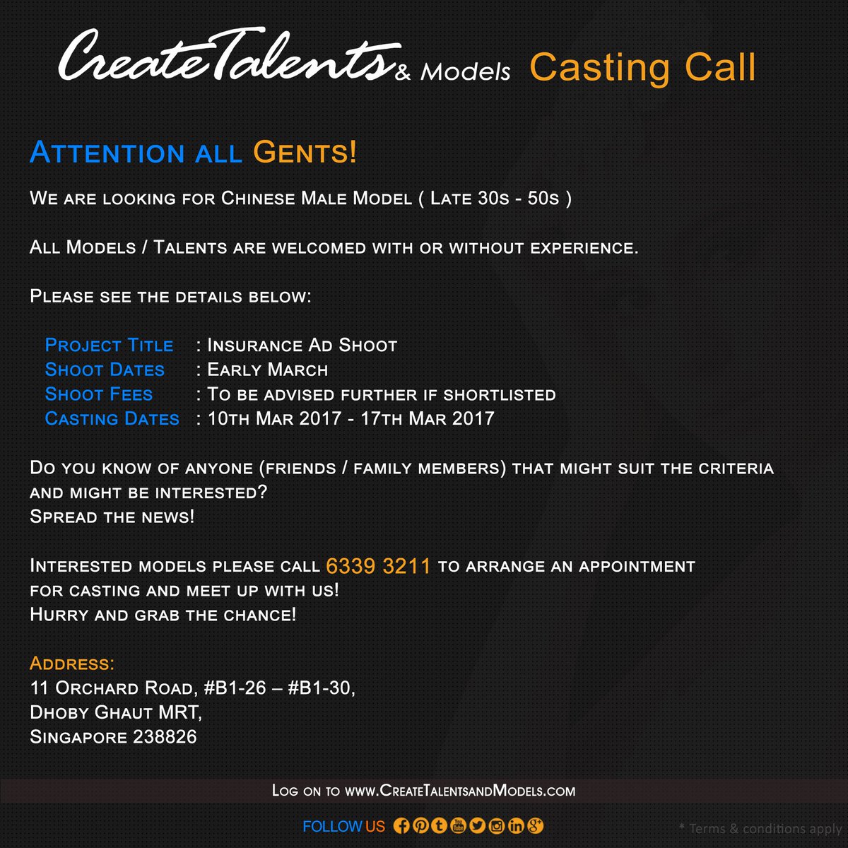 Create_Talents's tweet photo. We are looking for #Chinese #Male #Model ( Late 30s - 50s ) for #Insurance Ad Shoot
#CastingCall #CreateTalentsandModels #Modeling #Models https://t.co/utxgsDBF5D