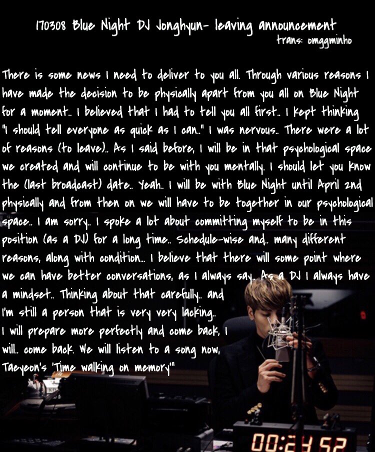 omggminho's tweet photo. [TRANS] 170308 Blue Night Jonghyun leaving announcement

*Do not retranslate https://t.co/KyeXUhRaSo