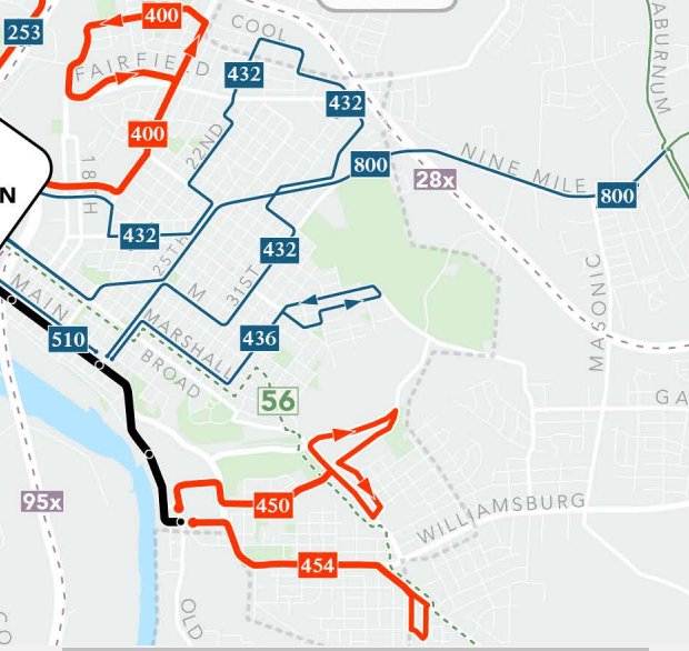 Notable changes since the Jan-Feb round of public input - East End routes updated in response to public input for more coverage (blue lines)