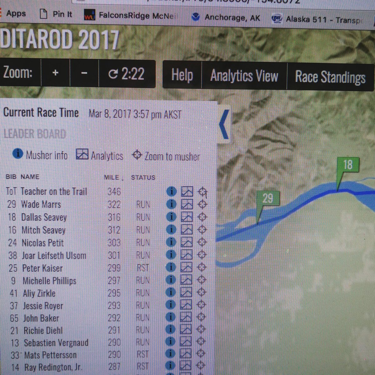 kilomike91's tweet photo. #IronWade Marrs leading the way with Dallas close behind. This year the #seaveydynasty ends! Let's go #stumpjumpinkennel #iditarod2017 https://t.co/KgdnsIKHzD