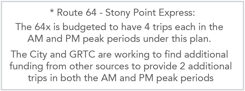 Another notable change for Route 64X riders - increased AM/PM trips to 4 going Downtown in the AM and 4 coming outbound in the PM.
