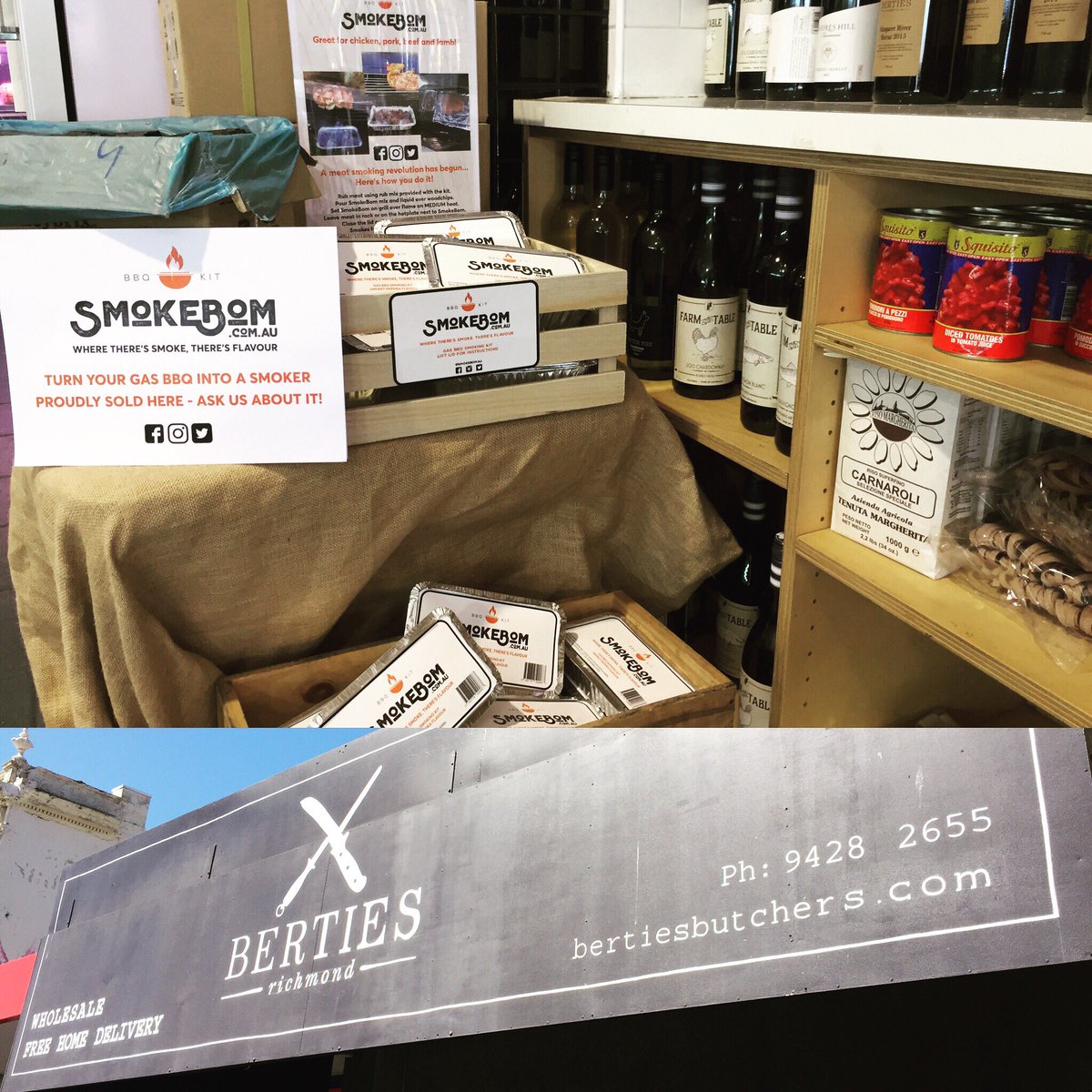 smokebomau's tweet photo. SmokeBom has landed at the awesome @BertiesButcher in Richmond... Get on down and get smoking! #bbq #meat #butcher #richmond3121 #legends https://t.co/zHv1DPhBLo