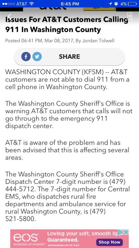 CentralEMS_AR's tweet photo. AT&amp;T users are having issues with 911. If you have a medical emergency call Central EMS at 479-521-5800. https://t.co/huy1rzrt9Z