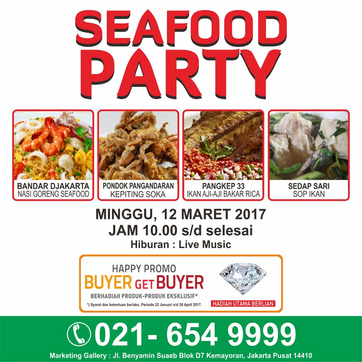 Springhill_INA's tweet photo. SEAFOOD PARTY @ Marketing Gallery The Royale Springhill Residences Kemayoran, Minggu 12 Maret 2017, Jam 10.00 - Selesai. https://t.co/kbH8bpa6qm