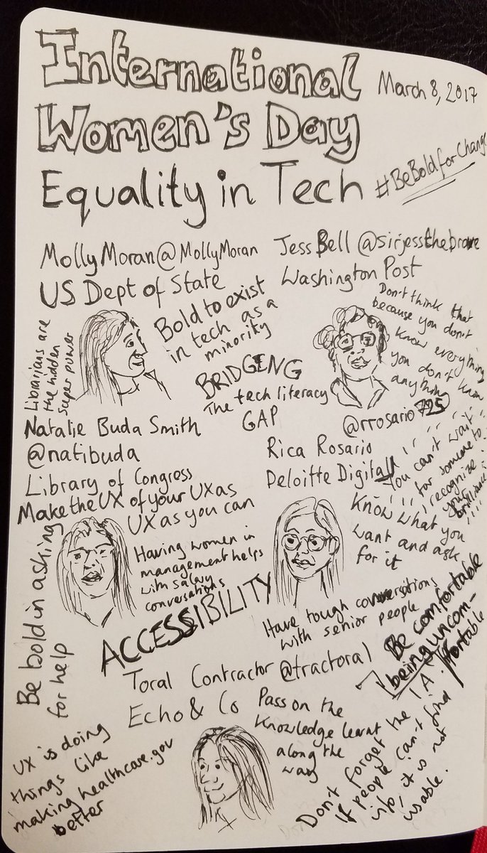 AsEnglishAsPie's tweet photo. Sketchnotes #InternationalWomensDay panel on equality in tech at @GA_DC with @mollymoran @SirJesstheBrave @natibuda @rrosario725 @tractoral https://t.co/diR2cXB9uo