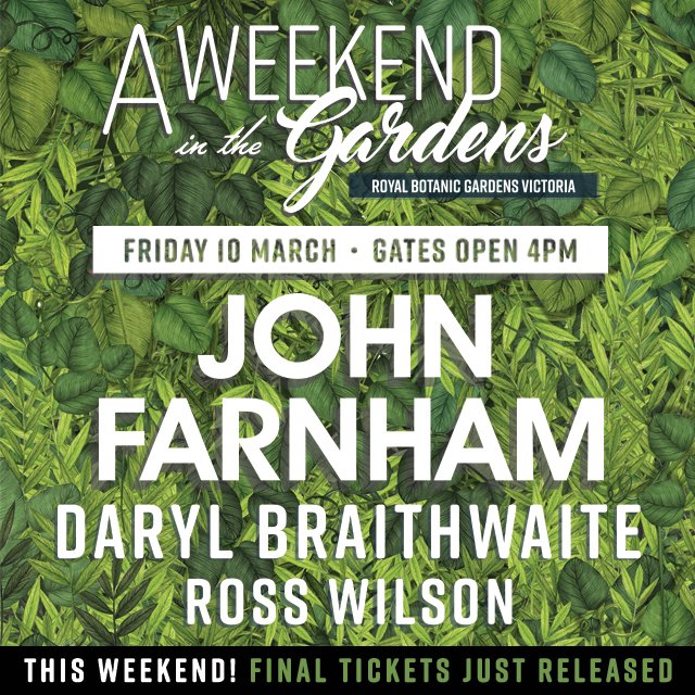 Tomorrow, John will be performing at the inaugural 'A Weekend in the Gardens' concert in Melbourne. Tickets + info: bit.ly/JF-RBGM