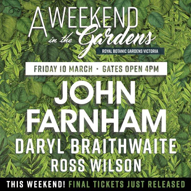 Tomorrow, John will be performing at the inaugural 'A Weekend in the Gardens' concert in Melbourne. Tickets + info:  bit.ly/JF-RBGM