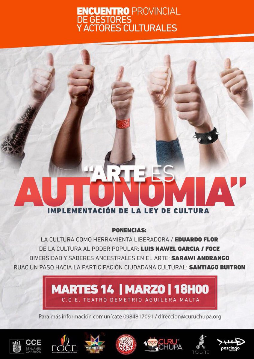 EcuadorFoce's tweet photo. Martes 14 de marzo Teatro Demetrio Aguilera Malta 18:00 #ArteEsAutonomia #ImplementacionDeLaLeyDeCultura, invitados tod@s @CasadelaCultura https://t.co/j2hAm1iAcB