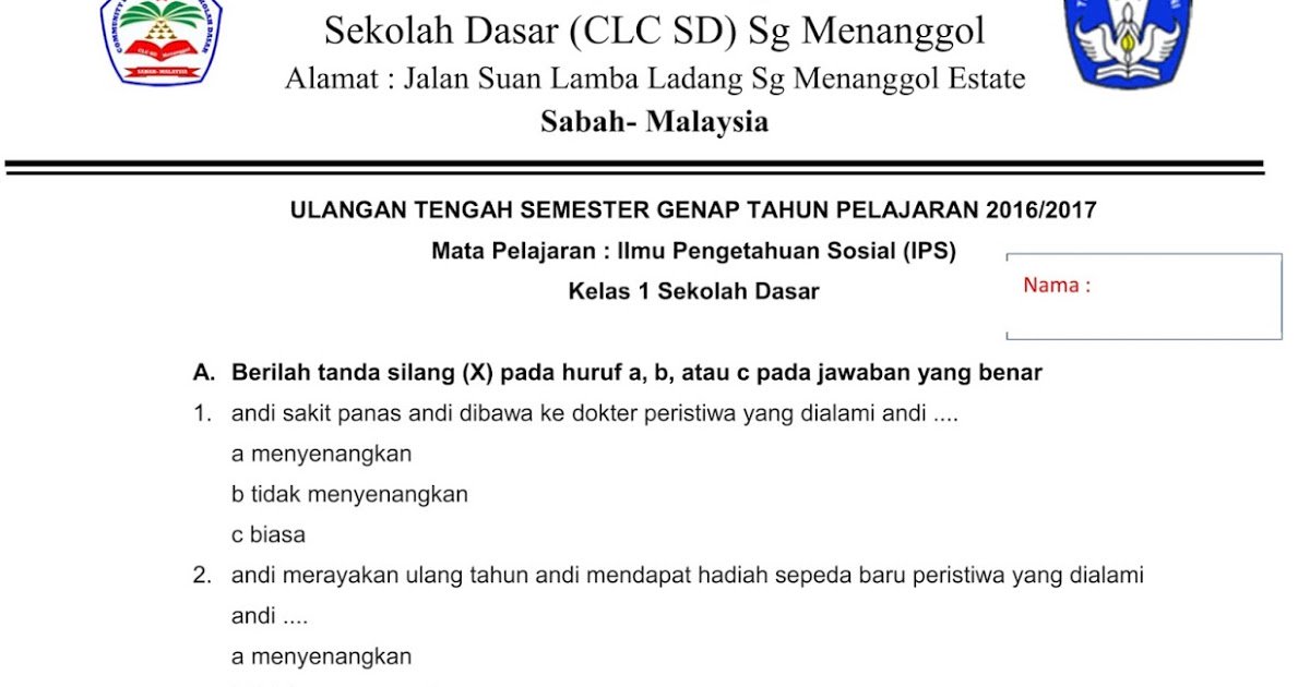 PendidikanSd's tweet photo. Soal UTS IPS Kelas 1 SD Semester 2 Terbaru https://t.co/Bn9NbofjTm https://t.co/EaQTt9Kqd9