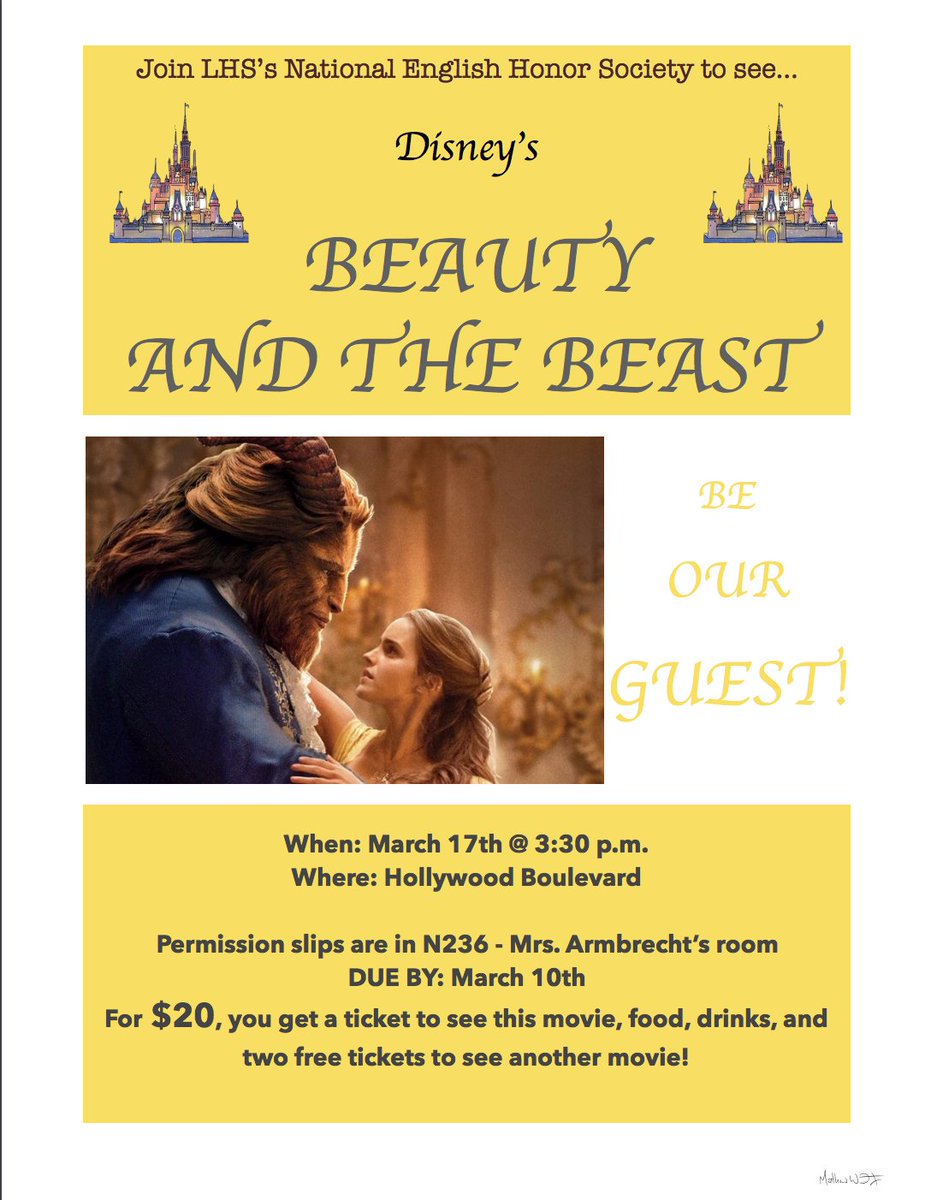 LHS NEHS 2016-2017 (@lhsnehs2016) on Twitter photo It's not too late to get your tickets to see Beauty and the Beast! Permission slips in <a href="/armbrecht_sara/">Sara Armbrecht</a> 's room (N236). Due Friday!!! It's not too late to get your tickets to see Beauty and the Beast! Permission slips in <a href="/armbrecht_sara/">Sara Armbrecht</a> 's room (N236). Due Friday!!!