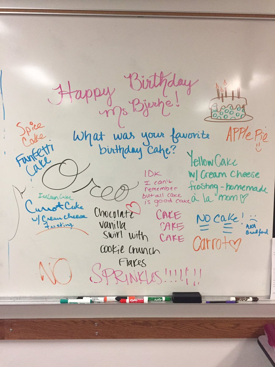 MsBjerkesClass's tweet photo. A bit behind on our whiteboards ... Last Monday: #HappyBirthday #miss5thwhiteboard #cake https://t.co/Vb3IpUfUcp