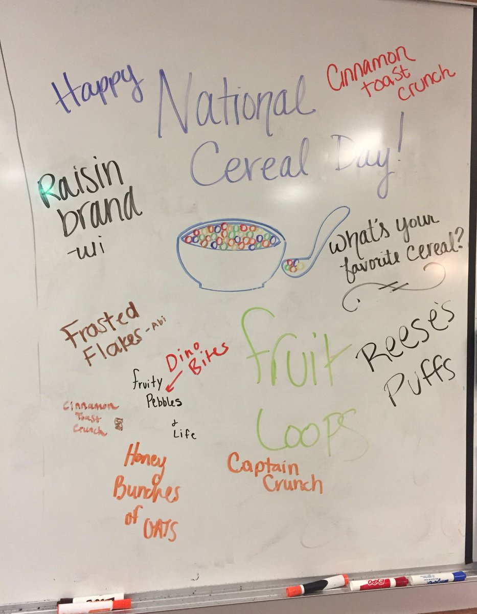 MsBjerkesClass's tweet photo. Yesterday was National Cereal Day (and apparently #NationalPancakeDay) What's your favorite cereal? #childhood #miss5thwhiteboard https://t.co/qgnLpCctpI