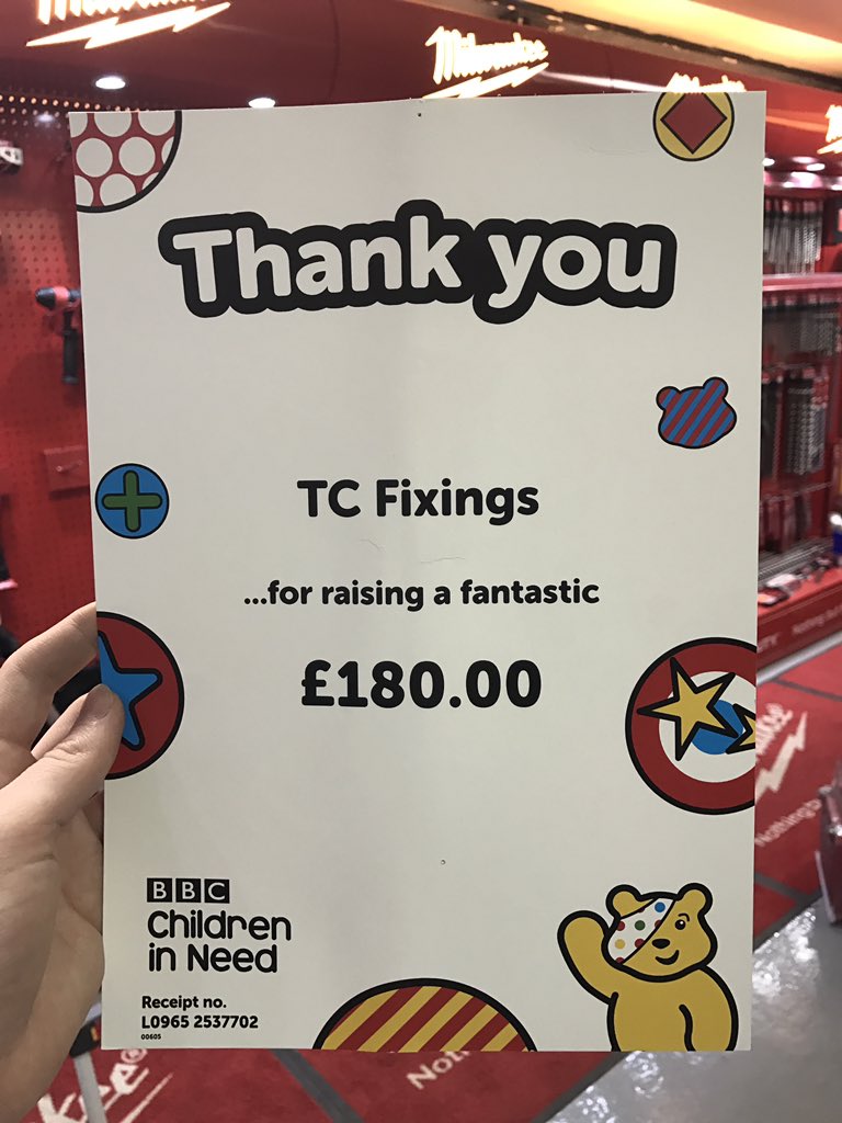 tcfixings's tweet photo. Thank you to all our customers that help us raise £180 through our children in need bake sale last year!! https://t.co/Y8UESyRaDw
