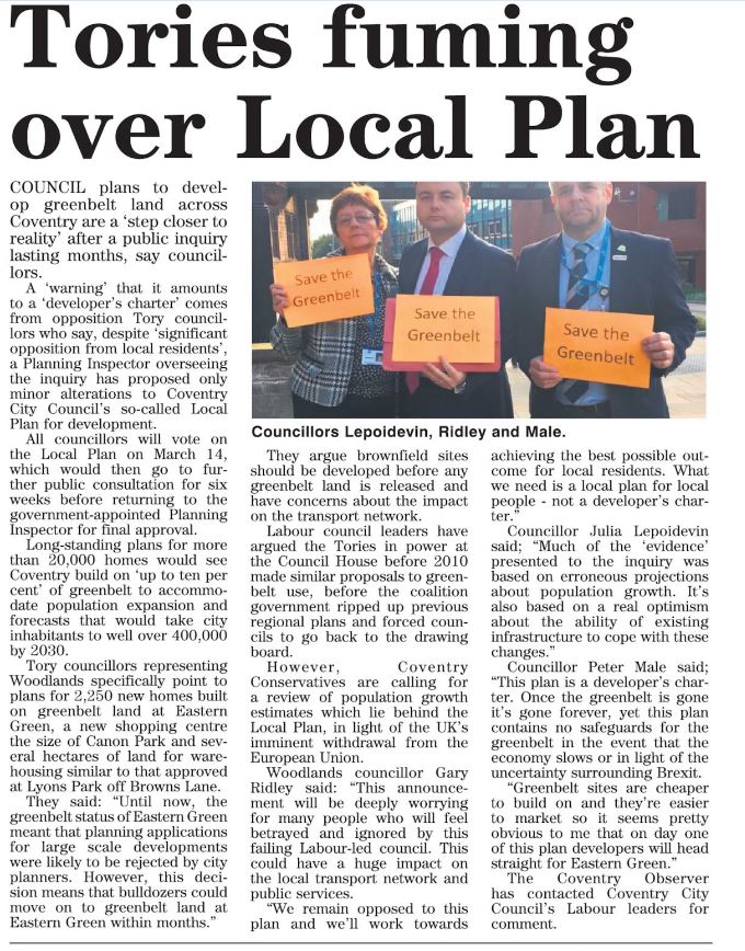 CllrGaryRidley's tweet image. @covobservernews - story by @Lesreidpolitics about #greenbelt in #Coventry - #Developerscharter @Pete_Male @LepoidevinJulia @CVConservatives