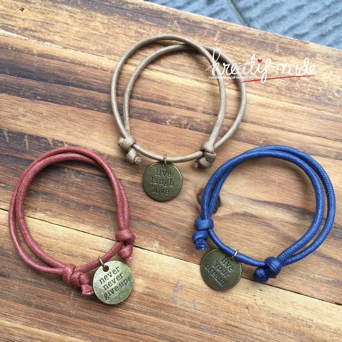 KreatifMade's tweet photo. Adjustable cotton bracelet with wording charm, price: IDR 40.000 each
Color: purple, light purple, brown, light brown, red, blue https://t.co/hA97CM4BNu